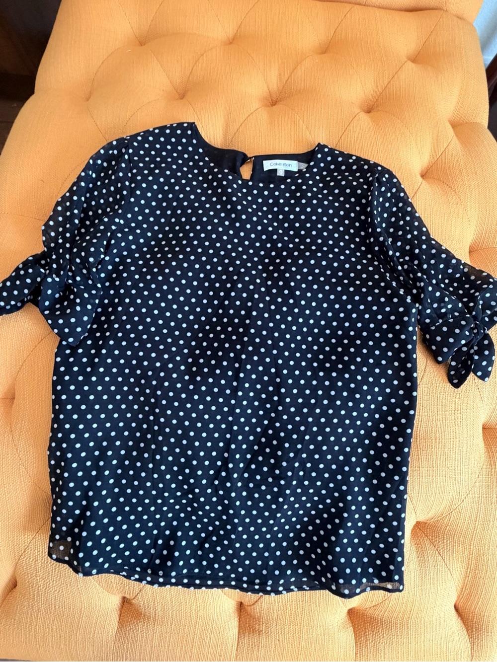 Calvin Klein Black Blouse with White Polka Dots and Tie Sleeves
